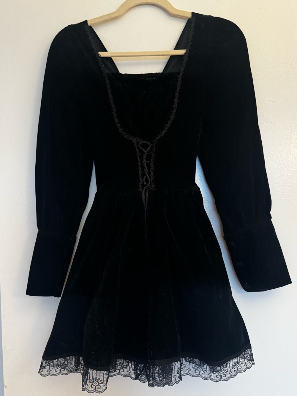 Black Velvet Lace-Trim Mini Dress Small
